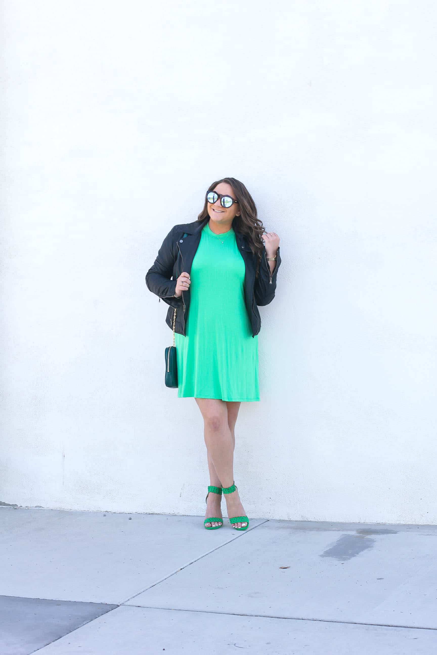 la blogger, style blogger, fashion blogger, missyonmadison, missyonmadison blog, missyonmadison instagram, melissa tierney, st patricks day, st patricks day 2018, green dress, what to wear for st patricks day, green look, bloglovin, green heels, green handbag, green outfit, moto jacket, faux leather moto jacket, 
