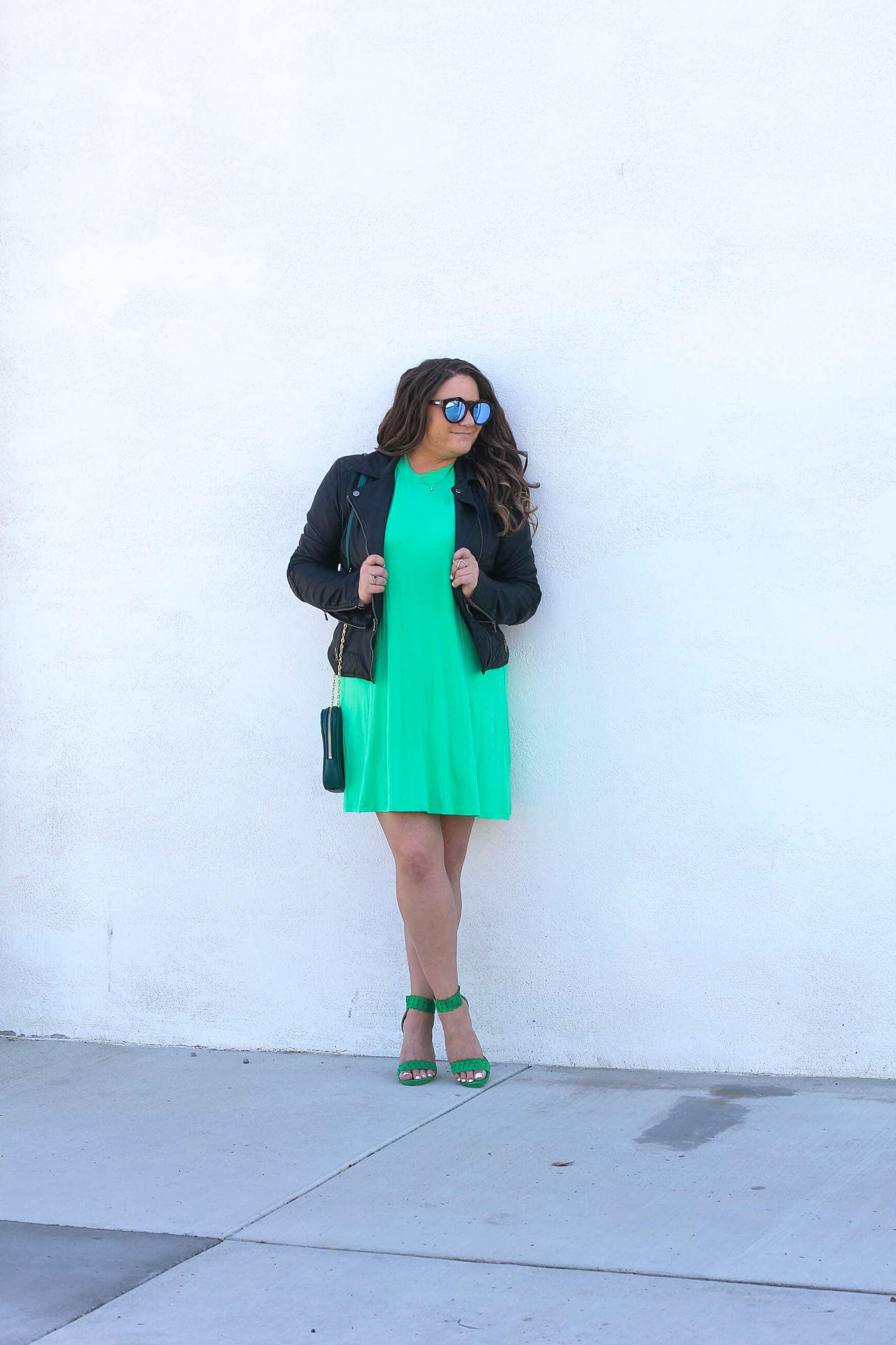 la blogger, style blogger, fashion blogger, missyonmadison, missyonmadison blog, missyonmadison instagram, melissa tierney, st patricks day, st patricks day 2018, green dress, what to wear for st patricks day, green look, bloglovin, green heels, green handbag, green outfit, moto jacket, faux leather moto jacket,