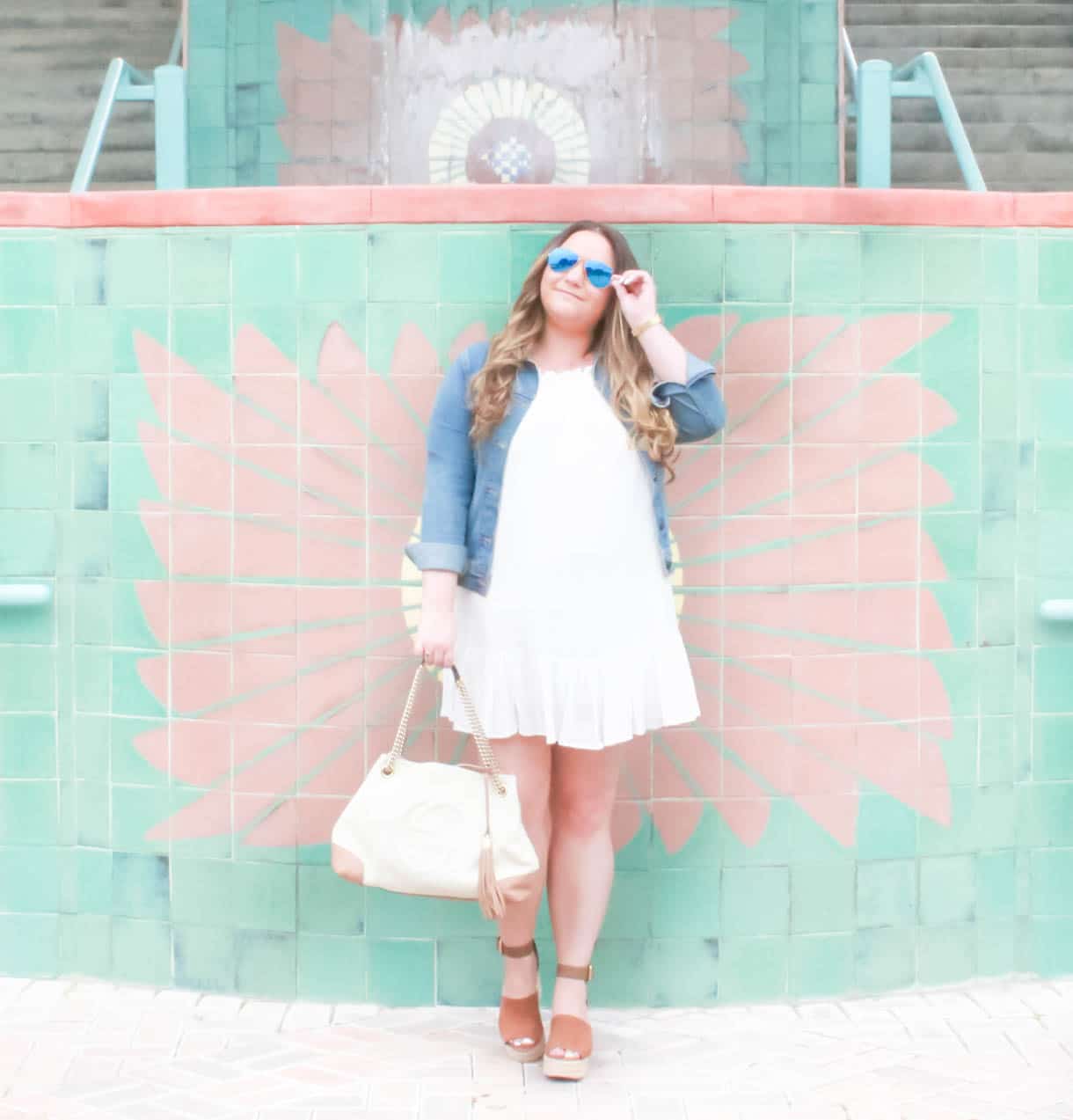 missyonmadison, gucci soho tote, fashion inspo, outfit inspo, missyonmadison blog, missyonmadison instagram, melissa tierney, fashion blog, fashion blogger,style blog, style blogger, gucci, gucci white soho tote, raybans, old navy denim jacket,white tart collections dress, tart collections liz dress, marc fischer shoes, tan platform wedges, summer style, spring style, summer 2018 style, la blogger,