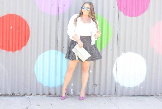 missyonmadison, polka dot skirt, polka dot wall, la blogger, fall style, fall fashion, fall blogger, currently wearing, melissa tierney, melissa tierney instagram, pink pumps, gigi new york, gigi new york clutch, fuschia pumps, pink bow pumps, michael kors heels, michael kors pumps, polka dot skirt, white moto jacket, white crop top, white short sleeve crop top, how to style polka dots,