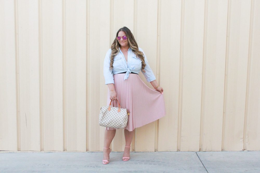 missyonmadison, missyonmadison blog, missyonmadison instagram, la blogger, fall style, fall trends, 2018 fall style, 2018 flal trends, simply be usa, simply be skirt, simply be pleated skirt, pink pleated skirt, pink pleated midi skirt, pink midi skirt, pleated midi skirt, pink ankle strap sandals, pink ankle strap heels, old navy, chambray button down, lightwash chambray button down, how to style a chambray button down shirt, how to style chambray, how to style a midi skirt, louisvuitton speedy bag, diff eyewear, melissa tierney, melissa tierney blogger, melissa tierney instagram,