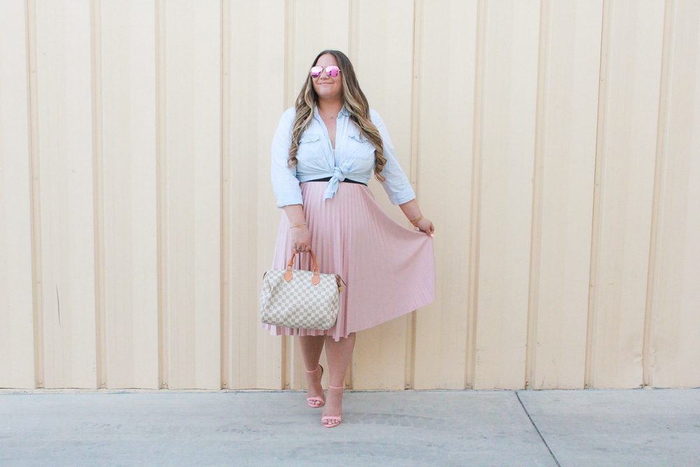 missyonmadison, missyonmadison blog, missyonmadison instagram, la blogger, fall style, fall trends, 2018 fall style, 2018 flal trends, simply be usa, simply be skirt, simply be pleated skirt, pink pleated skirt, pink pleated midi skirt, pink midi skirt, pleated midi skirt, pink ankle strap sandals, pink ankle strap heels, old navy, chambray button down, lightwash chambray button down, how to style a chambray button down shirt, how to style chambray, how to style a midi skirt, louisvuitton speedy bag, diff eyewear, melissa tierney, melissa tierney blogger, melissa tierney instagram,