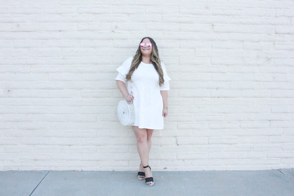 white ruffle dress, white cotton dress, white short sleeve dress, black ankle strap wedges, white round cult gaia bag, white cult gaia bag, bloglovin, wiw, whatiwore, ootd, shop dress up, diff eyewear, pink aviators, balayage hair, hair extensions, melissa tierney, la blogger, fashion blogger, how to style white for fall, how to wear white after labor day, white dresses for fall, la style, style blogger,