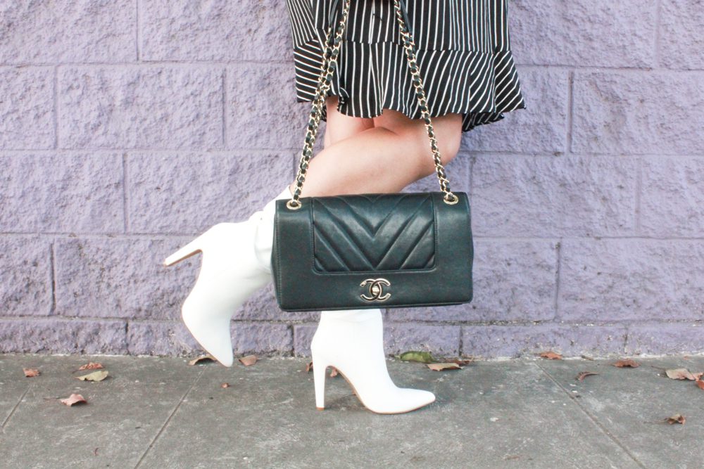 missyonmadison, missyonmadison instagram, missyonmadison blog, la blogger, missyonmadison blogger, melissa tierney, skies are blue clothing, skies are blue dress, striped wrap dress, black striped wrap dress, white boots, white booties, fall 2018 style, fall trends, fall style, currently wearing, chanel flapbag, black chanel bag, black chanel flapbag, raybans, mirrored aviators, hairdreams hair extensions, hair extensions, hairdreams, bloglovin, white heeled boots, fall outfit inspo,