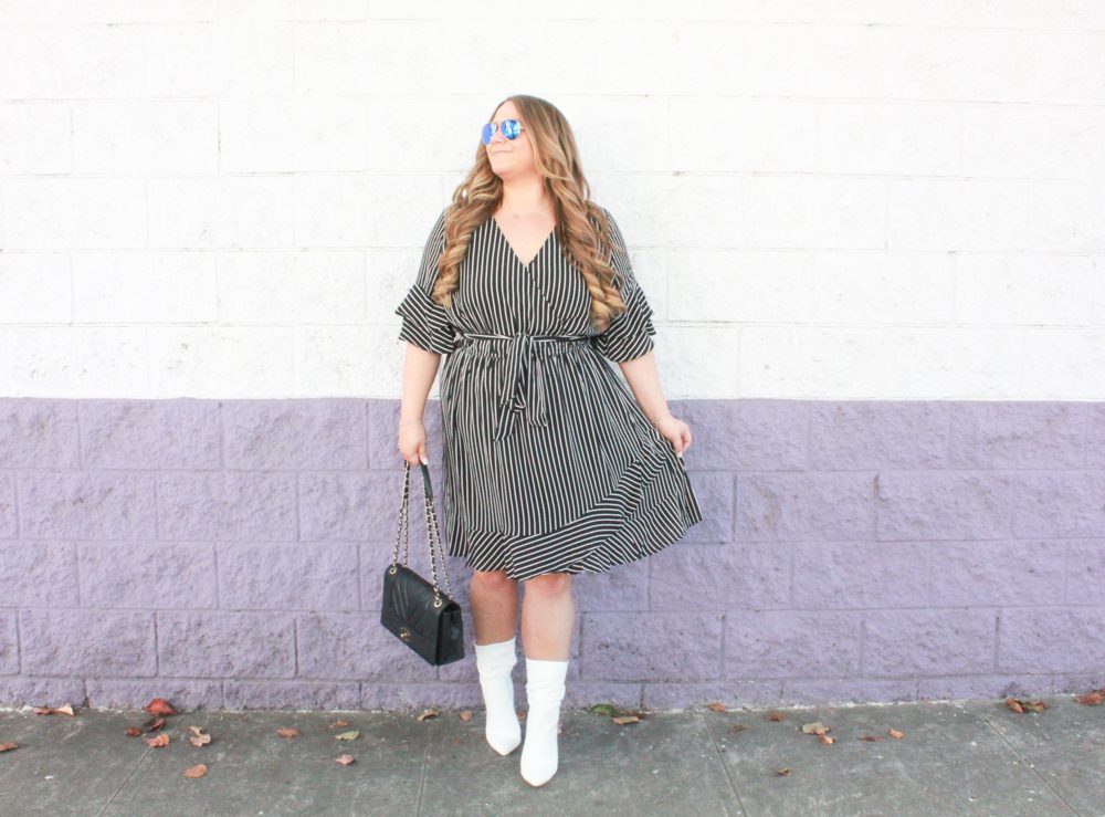 missyonmadison, missyonmadison instagram, missyonmadison blog, la blogger, missyonmadison blogger, melissa tierney, skies are blue clothing, skies are blue dress, striped wrap dress, black striped wrap dress, white boots, white booties, fall 2018 style, fall trends, fall style, currently wearing, chanel flapbag, black chanel bag, black chanel flapbag, raybans, mirrored aviators, hairdreams hair extensions, hair extensions, hairdreams, bloglovin, white heeled boots, fall outfit inspo,