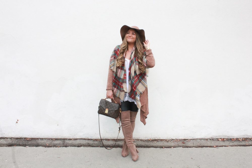 missyonmadison, missyonmadison blog, missyonmadison instagram, la blogger, melissa tierney, floppy hat, tan floppy hat, brown floppy hat, tartan blanket scarf, blanket scarf, fall style, fall 2018 style, fall accessories, tan over the knee boots, leather leggings, hue leatherette leggings, bloglovin, style blog, style blogger, hairdreams, fall trends, how to style a blanket scarf, how to wear a blanket scarf, how to wear leather leggings, how to wear over the knee boots, la blogger, 