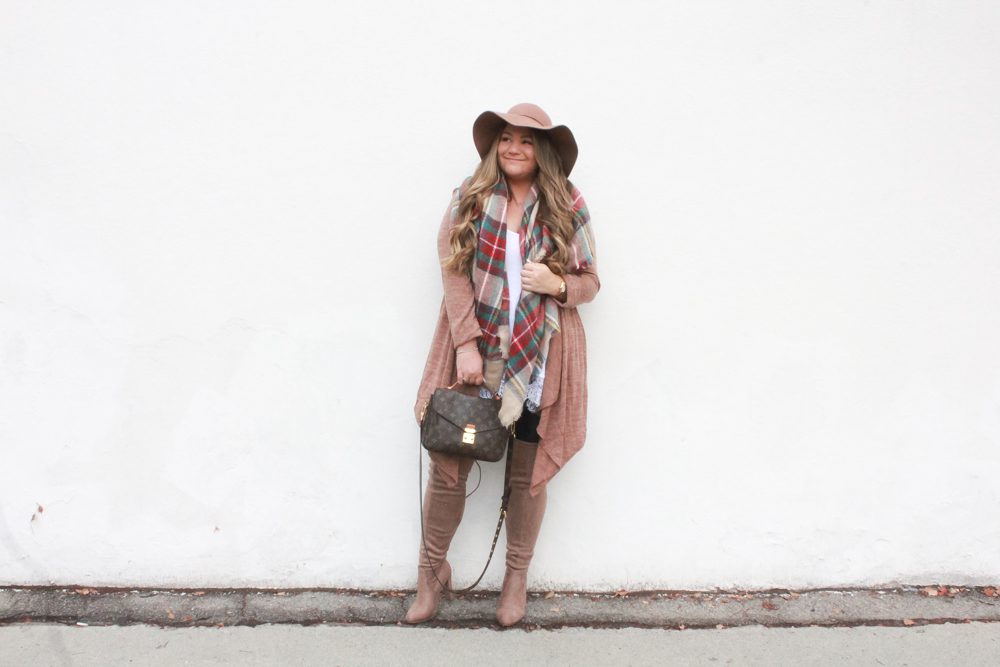 missyonmadison, missyonmadison blog, missyonmadison instagram, la blogger, melissa tierney, floppy hat, tan floppy hat, brown floppy hat, tartan blanket scarf, blanket scarf, fall style, fall 2018 style, fall accessories, tan over the knee boots, leather leggings, hue leatherette leggings, bloglovin, style blog, style blogger, hairdreams, fall trends, how to style a blanket scarf, how to wear a blanket scarf, how to wear leather leggings, how to wear over the knee boots, la blogger,
