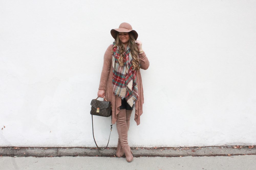 missyonmadison, missyonmadison blog, missyonmadison instagram, la blogger, melissa tierney, floppy hat, tan floppy hat, brown floppy hat, tartan blanket scarf, blanket scarf, fall style, fall 2018 style, fall accessories, tan over the knee boots, leather leggings, hue leatherette leggings, bloglovin, style blog, style blogger, hairdreams, fall trends, how to style a blanket scarf, how to wear a blanket scarf, how to wear leather leggings, how to wear over the knee boots, la blogger,