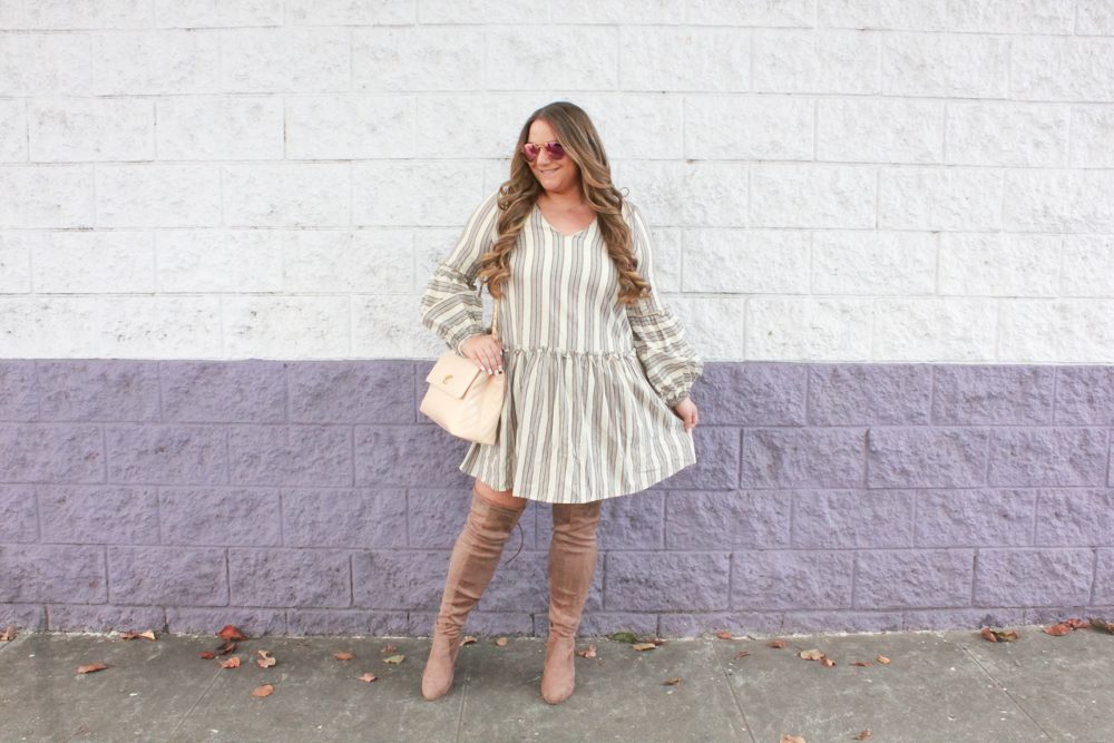 missyonmadison, missyonmadison instagram, la blogger, thanksgiving style, what to wear to thanksgiving dinner, thanksgiving outfit, thanksgiving 2018, otk boots, tan over the knee boots, beiege over the knee boots, taupe over the knee boots, chanel flap bag, chanel beige lambskin bag, beige chanel bag, brown striped fit and flare dress, hairdreams extensions, hairgoals, hair extensions, fall outfit, fall outfit inspo, fall style, 2018 fall trends,
