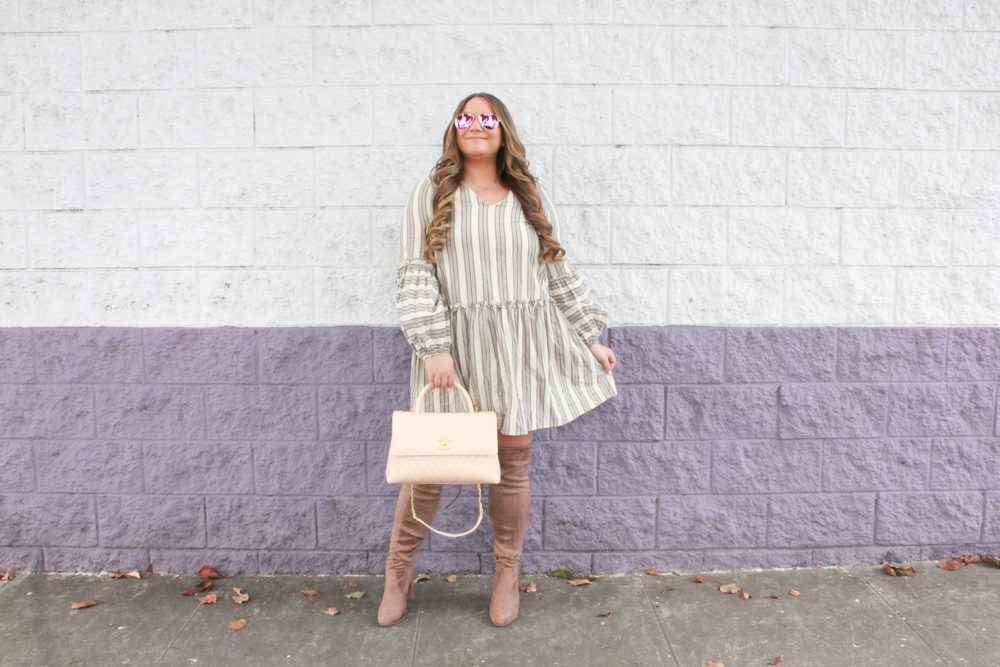 missyonmadison, missyonmadison instagram, la blogger, thanksgiving style, what to wear to thanksgiving dinner, thanksgiving outfit, thanksgiving 2018, otk boots, tan over the knee boots, beiege over the knee boots, taupe over the knee boots, chanel flap bag, chanel beige lambskin bag, beige chanel bag, brown striped fit and flare dress, hairdreams extensions, hairgoals, hair extensions, fall outfit, fall outfit inspo, fall style, 2018 fall trends, 