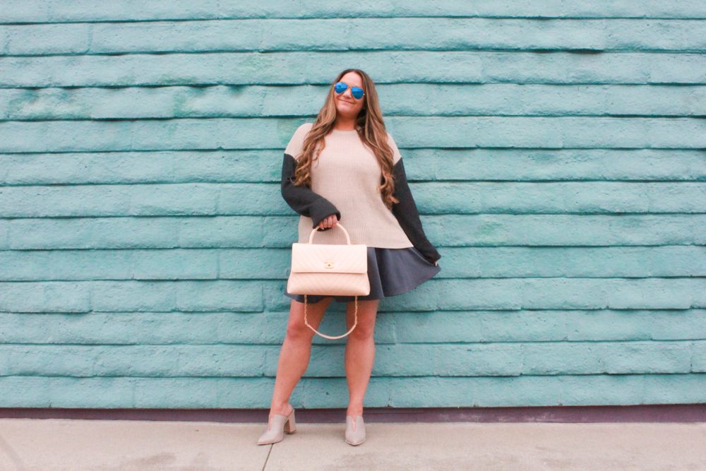 missyonmadison, missyonmadison instagram, melissa tierney, melissa tierney blog, melissa tierney blogger, la blogger, style blogger, style inspo, fall style, fall 2018 style, cecilia new york, cecilia new york roper, cecilia new york shoes, gray skater skirt, colorblock sweater, splendid la sweater, splendid la colorblock sweater, chanel flapbag, beige chanel bag, raybans, taupe mules, gray mules, fall trends,