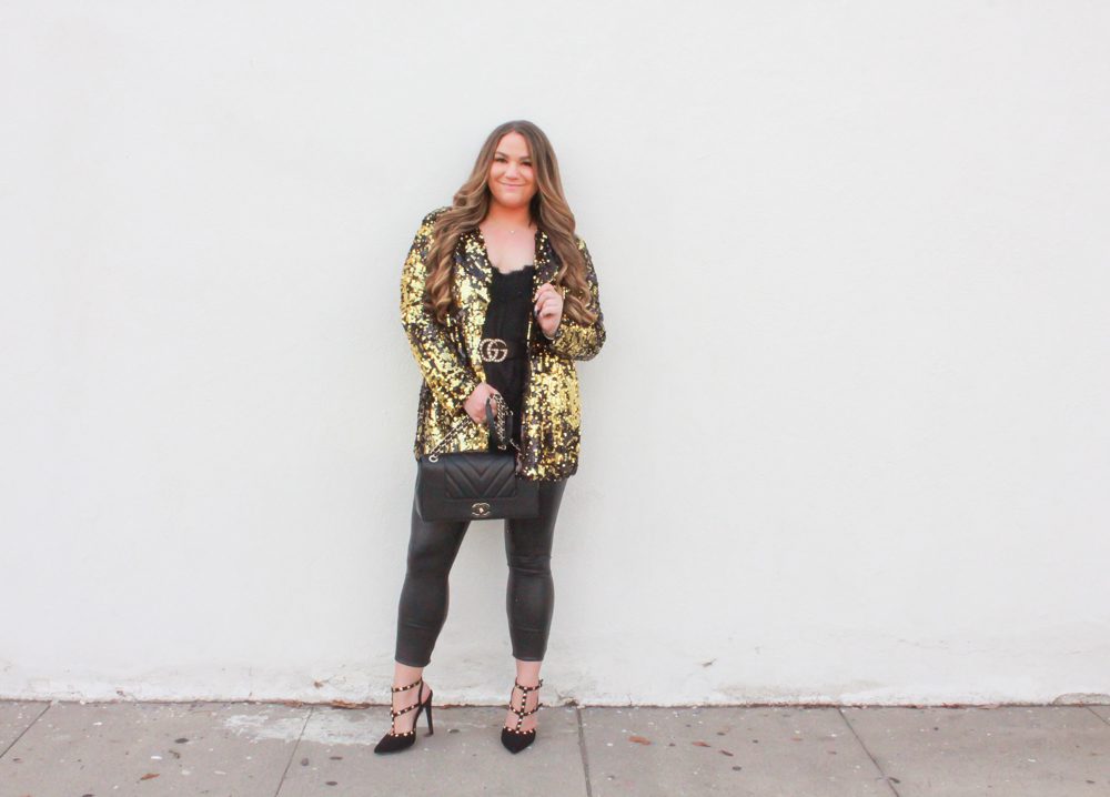 missyonmadison, missyonmadison instagram, sequin blazer, how to style sequins, sparkly blazer, nye outfit inspo, nye 2019, new years eve outfit inspo, new years eve outfit inspiration, nye outfit ideas, black faux leather leggings, fuax leather leggings, melissa tierney, chiffon camisole, black lace camisole, gucci pearl belt, pearl gucci belt, rockstud pumps, black studded pumps, black rockstud pumps, hue leatherette leggings, sequin blazer rainbow shops, rainbow shops, chanel flapbag, chanel bag, black chanel flap bag, what to wear for new years eve,