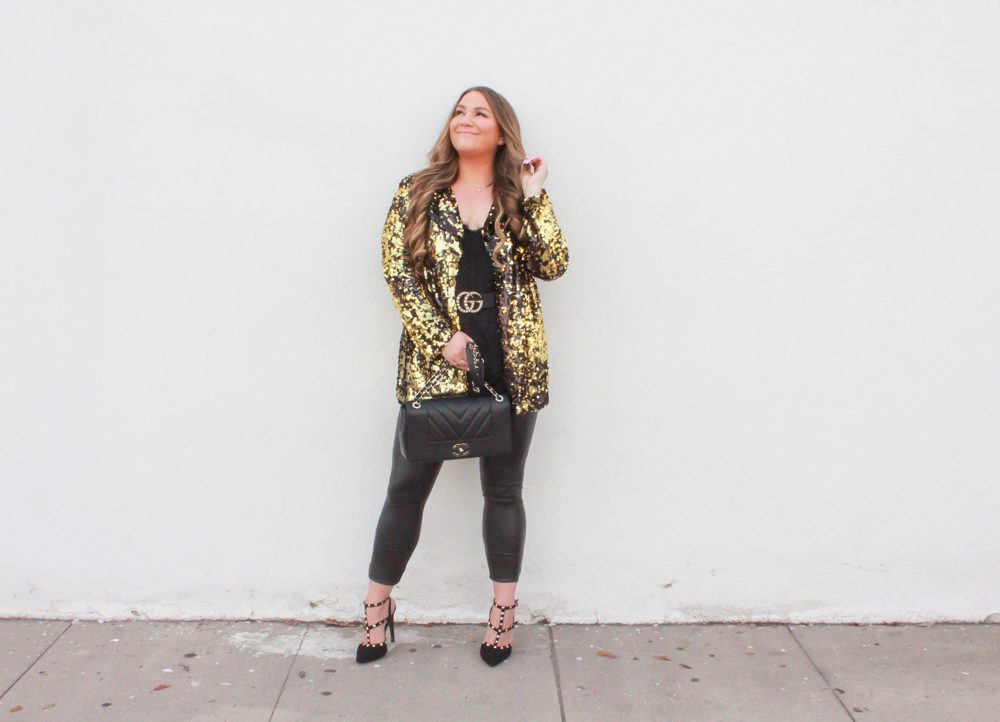 missyonmadison, missyonmadison instagram, sequin blazer, how to style sequins, sparkly blazer, nye outfit inspo, nye 2019, new years eve outfit inspo, new years eve outfit inspiration, nye outfit ideas, black faux leather leggings, fuax leather leggings, melissa tierney, chiffon camisole, black lace camisole, gucci pearl belt, pearl gucci belt, rockstud pumps, black studded pumps, black rockstud pumps, hue leatherette leggings, sequin blazer rainbow shops, rainbow shops, chanel flapbag, chanel bag, black chanel flap bag, what to wear for new years eve, 