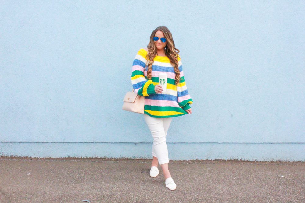 missyonmadison, missyonmadison blog, la blogger, missyonmadison instagram, melissa tierney, melissa tierney blog, melissa tierney blogger, melissa tierney instagram, white skinny jeans, white rockstar jeans, white mules, striped sweater, rainbow striped sweater, chanel bag, beige chanel bag, quilted chanel bag, nude chanel bag, old navy rockstar jeans, pink lily striped sweater, winter to spring outfit, spring outfit, winter outfit, fashion blogger, style blogger,