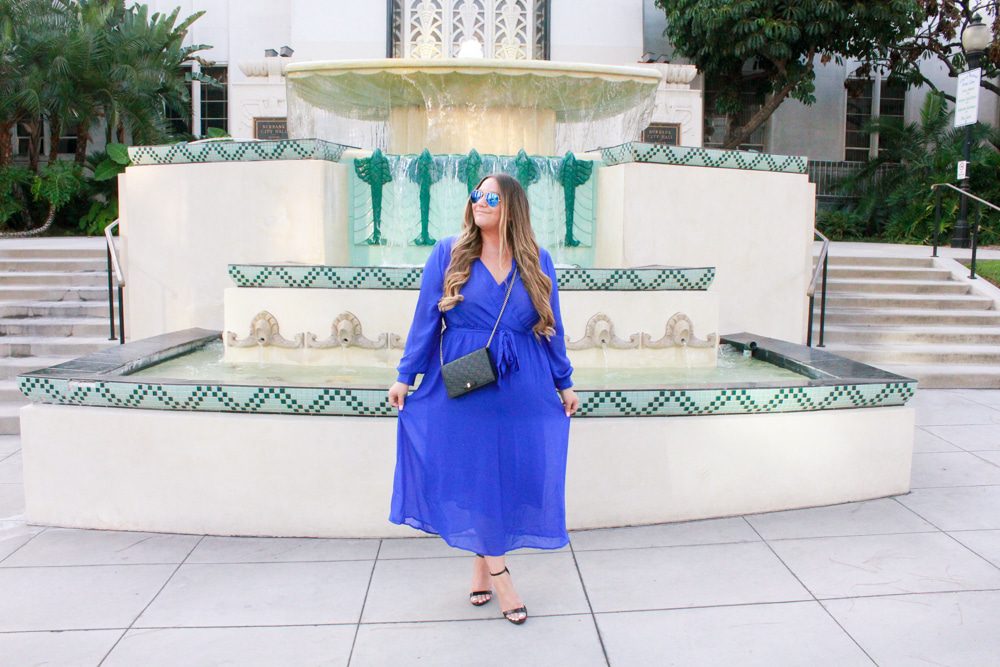 missyonmadison, missyonmadison blog, missyonmadison blogger, la blogger, fashion blog, fashion blogger, style blog, style blogger, melissa tierney, melissa tierney blog, melissa tierney blogger, cobalt blue dress, blue maxi dress, blue maxi wrap dress, cobalt blue wrap maxi dress, black ankle strap sandals, black ankle strap heels, gucci mini bag, gucci black mini bag, gucci evening bag, gucci chain on wallet, how to wear a maxi dress, how to style a pop of color,