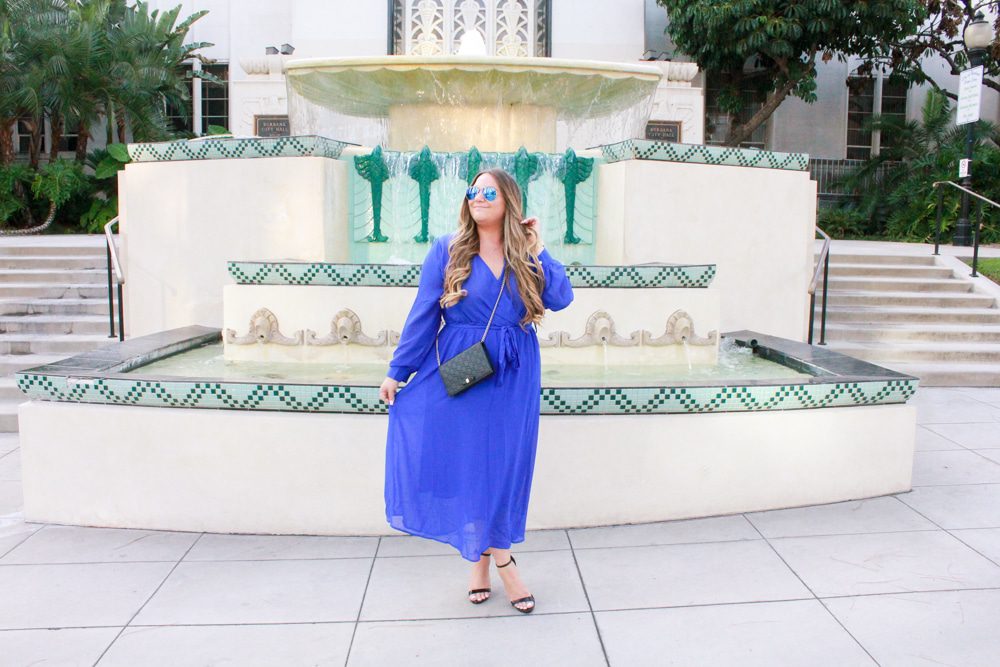 missyonmadison, missyonmadison blog, missyonmadison blogger, la blogger, fashion blog, fashion blogger, style blog, style blogger, melissa tierney, melissa tierney blog, melissa tierney blogger, cobalt blue dress, blue maxi dress, blue maxi wrap dress, cobalt blue wrap maxi dress, black ankle strap sandals, black ankle strap heels, gucci mini bag, gucci black mini bag, gucci evening bag, gucci chain on wallet, how to wear a maxi dress, how to style a pop of color,