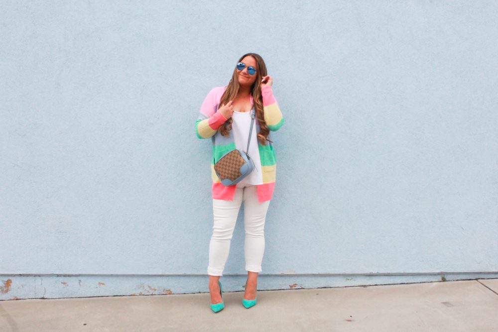 missyonmadison, missyonmadison blog, missyonmadison blogger, la blogger, missyonmadison instagram, melissa tierney, melissa tierney instagram, melissa tierney blogger, rainbow striped cardigan, rainbow striped sweater, rainbow cardigan, white skinny jeans, old navy white skinny jeans, old navy white rockstar jeans, teal pumps,teal suede pumps, gucci camera bag, blue gucci camera bag, gucci blue crossbody bag, white chiffon camisole, raybans, spring outfit, spring outfit inspo, spring outfit ideas, how to wear pops of color,