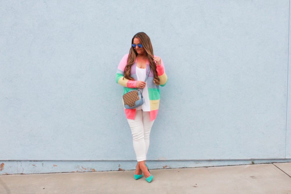 missyonmadison, missyonmadison blog, missyonmadison blogger, la blogger, missyonmadison instagram, melissa tierney, melissa tierney instagram, melissa tierney blogger, rainbow striped cardigan, rainbow striped sweater, rainbow cardigan, white skinny jeans, old navy white skinny jeans, old navy white rockstar jeans, teal pumps,teal suede pumps, gucci camera bag, blue gucci camera bag, gucci blue crossbody bag, white chiffon camisole, raybans, spring outfit, spring outfit inspo, spring outfit ideas, how to wear pops of color,