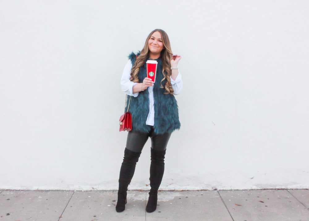 missyonmadison, missyonmadison instagram, la blogger, missyonmadison blog, melissa tierney, missyonmadison blogger, chambray button down shirt, chambray shirt, leather leggings, faux leather leggings, black suede otk boots, black over the knee boots, black suede over the knee boots, red gucci bag, starbucks holiday cup, gucci bag, green faux fur vest, teal faux fur vest, bloglovin,