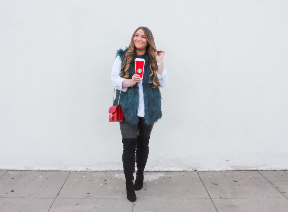 missyonmadison, missyonmadison instagram, la blogger, missyonmadison blog, melissa tierney, missyonmadison blogger, chambray button down shirt, chambray shirt, leather leggings, faux leather leggings, black suede otk boots, black over the knee boots, black suede over the knee boots, red gucci bag, starbucks holiday cup, gucci bag, green faux fur vest, teal faux fur vest, bloglovin,