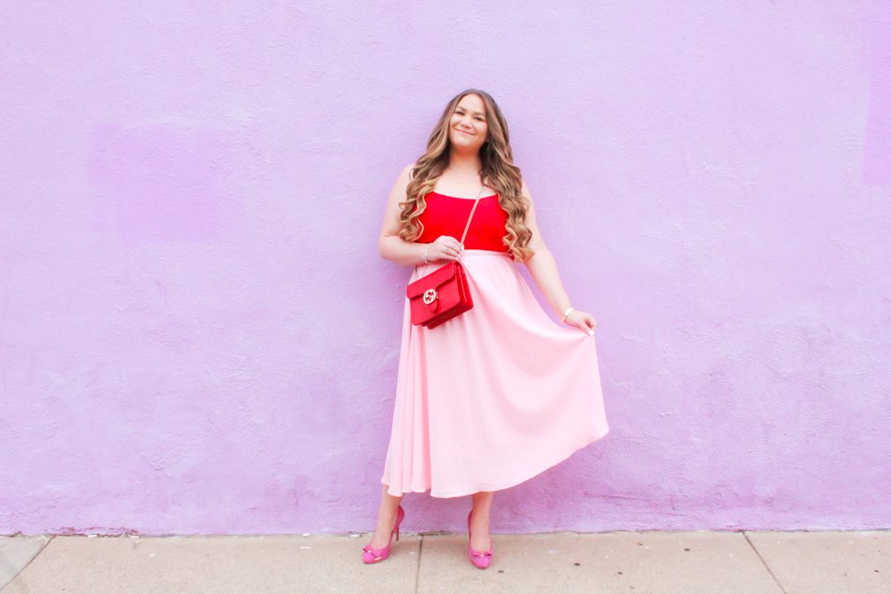 missyonmadison, missyonmadison blog, missyonmadison instagram, la blogger, melissa tierney, melissa tierney instagram, melissa tierney blogger, ootd, outfit inspo, vday outfit inspo, vday outfit ideas, date night outfit inspo, date night look, pink midi skirt, pink pumps, pink bow pumps, red chiffon camisole. red camisole, red gucci bag, red crossbody bag, gucci crossbody bag, bloglovin, fashion blogger, pink skirt, red top, red blouse, red bag, valentines day outfit ideas,