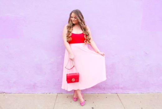 missyonmadison, missyonmadison blog, missyonmadison instagram, la blogger, melissa tierney, melissa tierney instagram, melissa tierney blogger, ootd, outfit inspo, vday outfit inspo, vday outfit ideas, date night outfit inspo, date night look, pink midi skirt, pink pumps, pink bow pumps, red chiffon camisole. red camisole, red gucci bag, red crossbody bag, gucci crossbody bag, bloglovin, fashion blogger, pink skirt, red top, red blouse, red bag, valentines day outfit ideas,