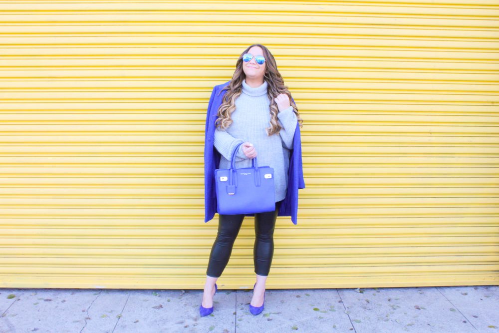 missyonmadison, missyonmadison blog, la blogger, missyonmadison instagram, missyonmadison blogger, melissa tierney, melissa tierney blog, melissa tierney instagram, cobalt blue bag, cobalt blue pumps, cobalt blue bag, cobalt blue coat, blue coat, blue purse, blue heels, blue pumps, blue bag, leather leggings, faux leather leggings, gray turtleneck sweater, gray sweater, raybans, outfit inspo, outfit ideas, winter style, spring style, winter into spring style, spring outfits, fashion blogger, 