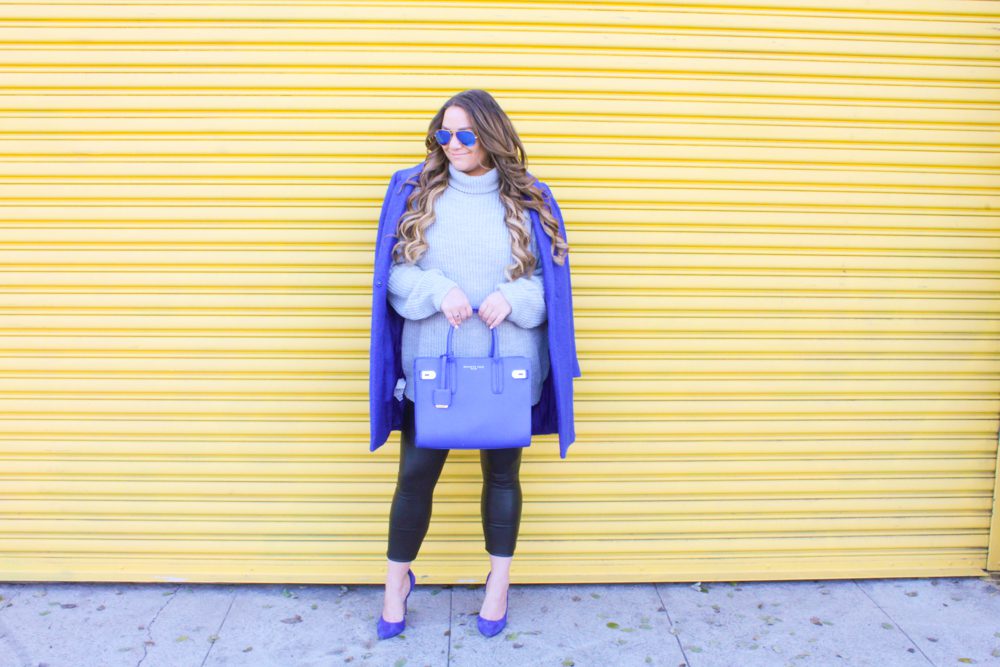 missyonmadison, missyonmadison blog, la blogger, missyonmadison instagram, missyonmadison blogger, melissa tierney, melissa tierney blog, melissa tierney instagram, cobalt blue bag, cobalt blue pumps, cobalt blue bag, cobalt blue coat, blue coat, blue purse, blue heels, blue pumps, blue bag, leather leggings, faux leather leggings, gray turtleneck sweater, gray sweater, raybans, outfit inspo, outfit ideas, winter style, spring style, winter into spring style, spring outfits, fashion blogger,