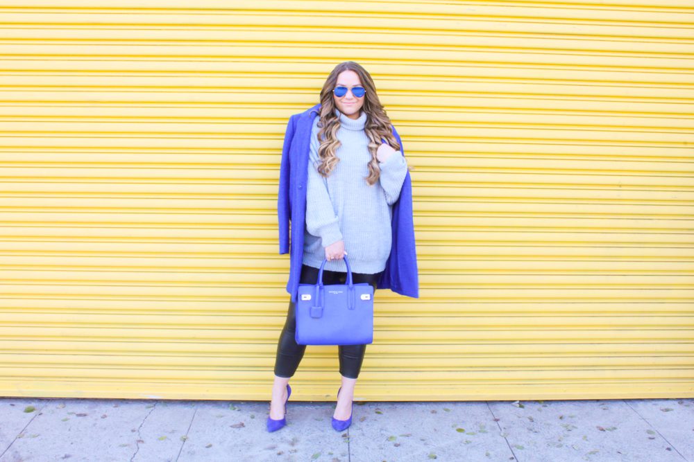 missyonmadison, missyonmadison blog, la blogger, missyonmadison instagram, missyonmadison blogger, melissa tierney, melissa tierney blog, melissa tierney instagram, cobalt blue bag, cobalt blue pumps, cobalt blue bag, cobalt blue coat, blue coat, blue purse, blue heels, blue pumps, blue bag, leather leggings, faux leather leggings, gray turtleneck sweater, gray sweater, raybans, outfit inspo, outfit ideas, winter style, spring style, winter into spring style, spring outfits, fashion blogger,