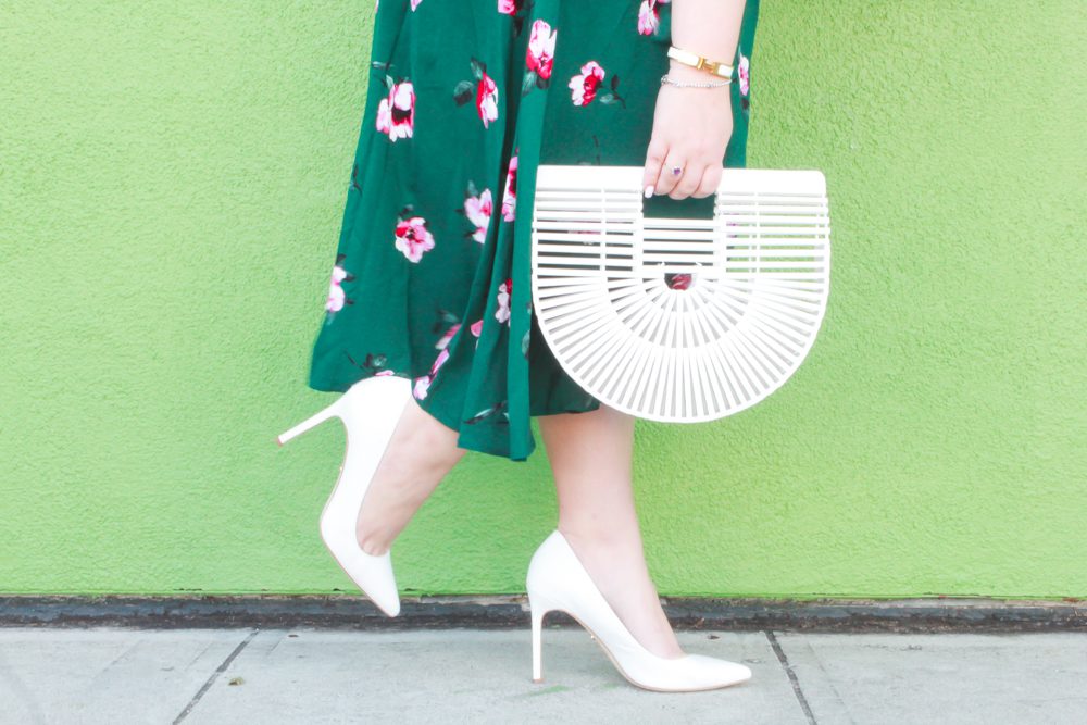 missyonmadison, missyonmadison blog, missyonmadison instagram, melissa tierney, melissa tierney blog, melissa tierney blogger, la blogger, fashion blogger, fashion inspo, outfit blog, outfit blogger, style inspo, style blog, style blogger, ootd, white pointed toe pumps, white pumps, white pointed pumps, easter dress, what to wear for easter, green wrap dress, floral wrap dress, green floral wrap dress, bobeau floral wrap dress, white cult gaia bag, white ark bag, white cult gaia ark bag, spring style, spring fashion, how tot wear the ark bag, how to style white heels,