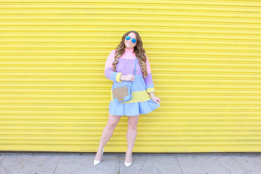 missyonmadison, missyonmadison blog, la blogger, missyonmadison instagram, style blog, style blogger, fashion blog, fashion blogger, easter outfit, easter outfit ideas, easter style inspo, rainbow striped sweater, pastel sweater, rainbow striped pastel sweater, blue skater skirt, baby blue skater skirt, white pointed toe pumps, white pumps, outfit blogger, outfit ideas, gucci camera bag, raybans, blue gucci bag,