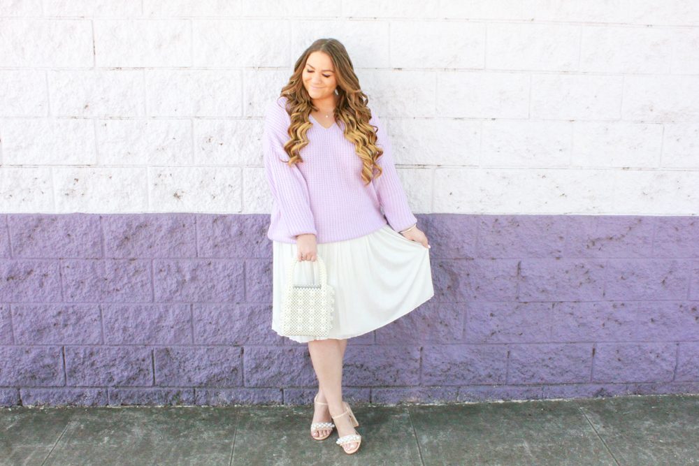 missyonmadison, missyonmadison blog, missyonmadison instagram, la blogger, spring style, spring outfit ideas, spring outfit inspo, ootd, outfit ideas, outfit inspo, pearl handbag, pearl tote handbag, pearl heel sandals, pearl heels, lilac sweater, lilac pastel sweater, pastel sweater, white maxi skirt, white pleated maxi skirt,