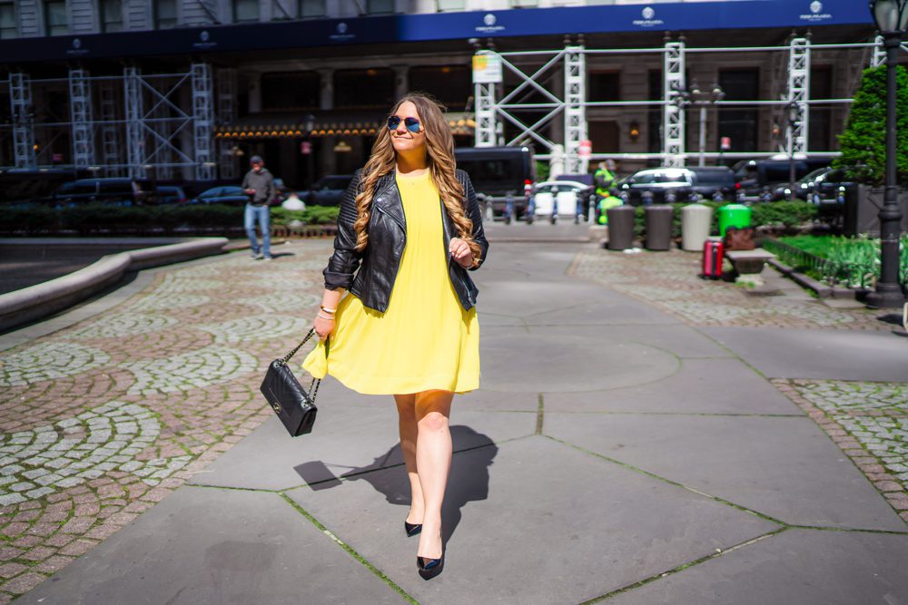 missyonmadison, missyonmadison instagram, missyonmadison blog, la blogger, fashion blog, fashion blogger, style blog, style blogger, style inspo, ootd, nyc style, new york city style, outfit ideas, outfit inspo for fall, black pumps, yellow dress, black moto jacket, fall moto jacket, black chanel bag, black chanel flap bag, shein yellow dress, melissa tierney,