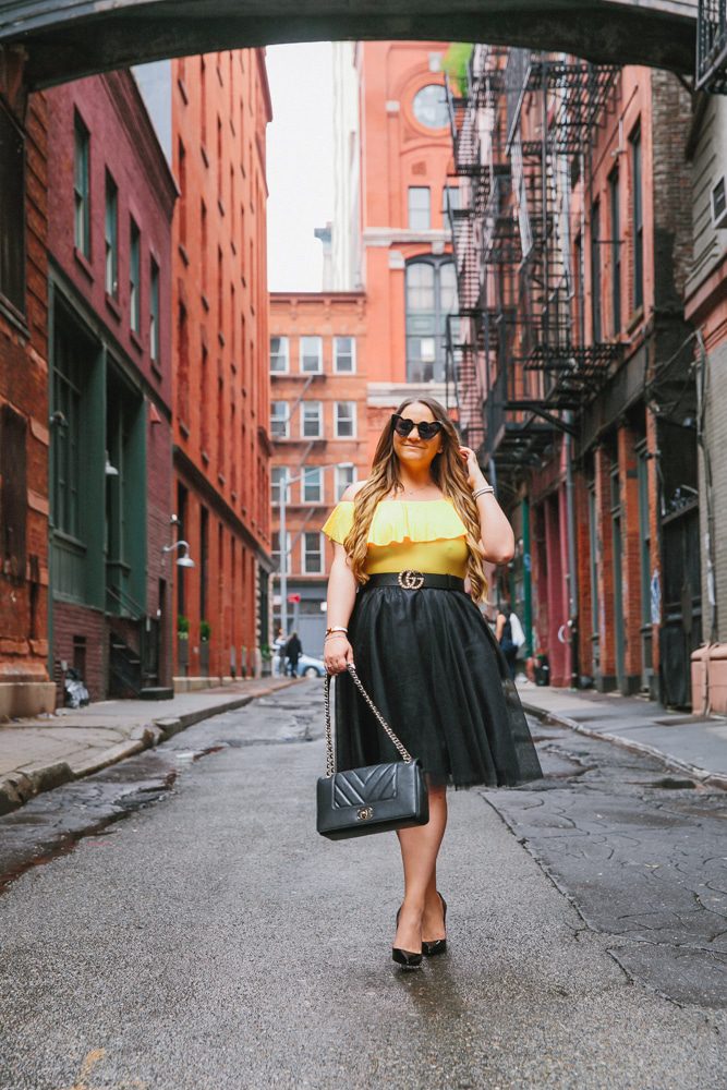 missyonmadison, missyonmadison blogger, missyonmadison instagram, la blogger, melissa tierney, melissa tierney instagram, fashion blogger, fashion blog, ny street style, nyc style, style blog, style blogger, outfit inspo, outfit ideas, ootd, black pumps, black tulle skirt, black chanel flap bag, chanel bag, yellow bodysuit, taxi cab photoshoot, nyc photography, 
