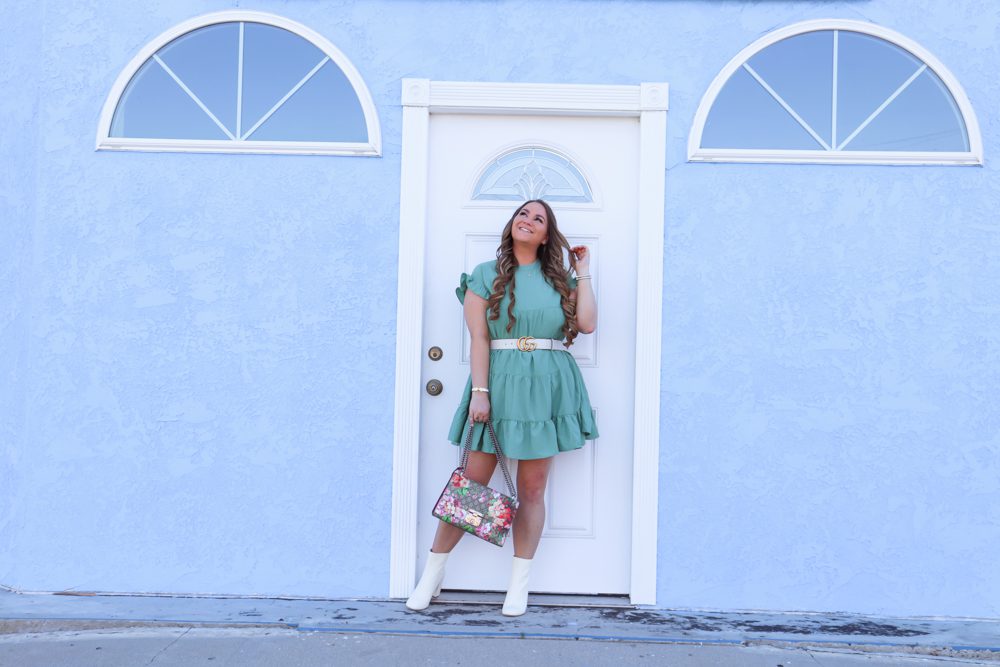 missyonmadison, missyonmadison blog, missyonmadison blogger, missyonmadison instagram, la blogger, outfit blog, outfit inspo, outfit ideas, style inspo, style blog, style blogger, fall style, joie boots, white ankle boots, white booties, green babydoll dress, green fall dress, gucci bag, gucci floral bag, gucci white belt, gucci belt, ootd,