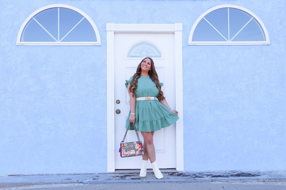 missyonmadison, missyonmadison blog, missyonmadison blogger, missyonmadison instagram, la blogger, outfit blog, outfit inspo, outfit ideas, style inspo, style blog, style blogger, fall style, joie boots, white ankle boots, white booties, green babydoll dress, green fall dress, gucci bag, gucci floral bag, gucci white belt, gucci belt, ootd,