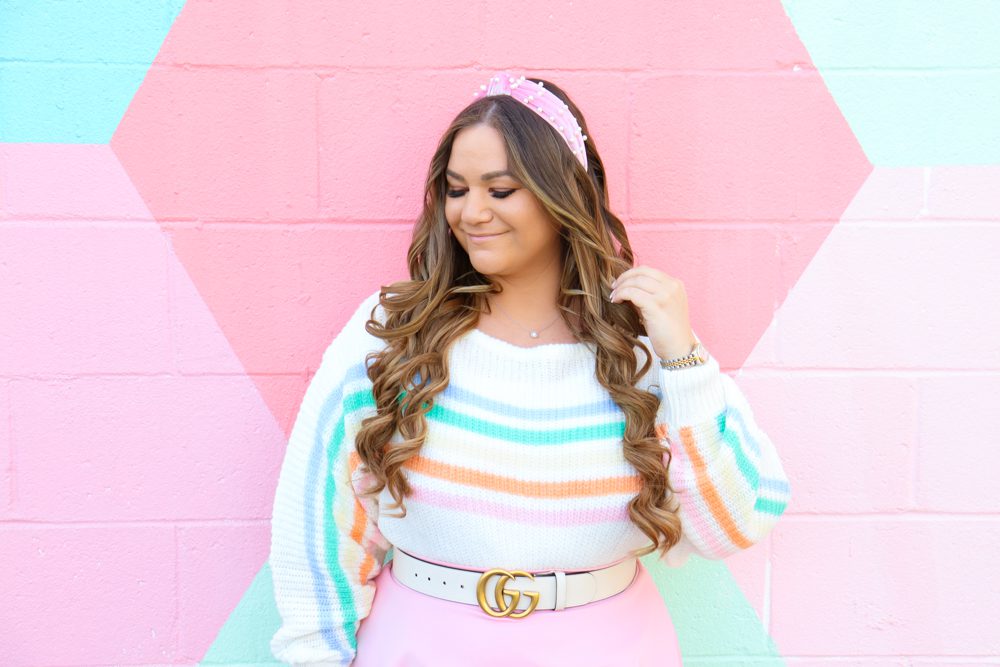 missyonmadison, missyonmadison instagram, la blogger, pearl headband, revolve, lovers and friends, striped sweater, pink skater skirt, pink ysl bag, gray pumps, gray suede pumps, spring style, spring outfit inspo, spring outfit ideas, spring fashion 2020, revolve spring outfits,