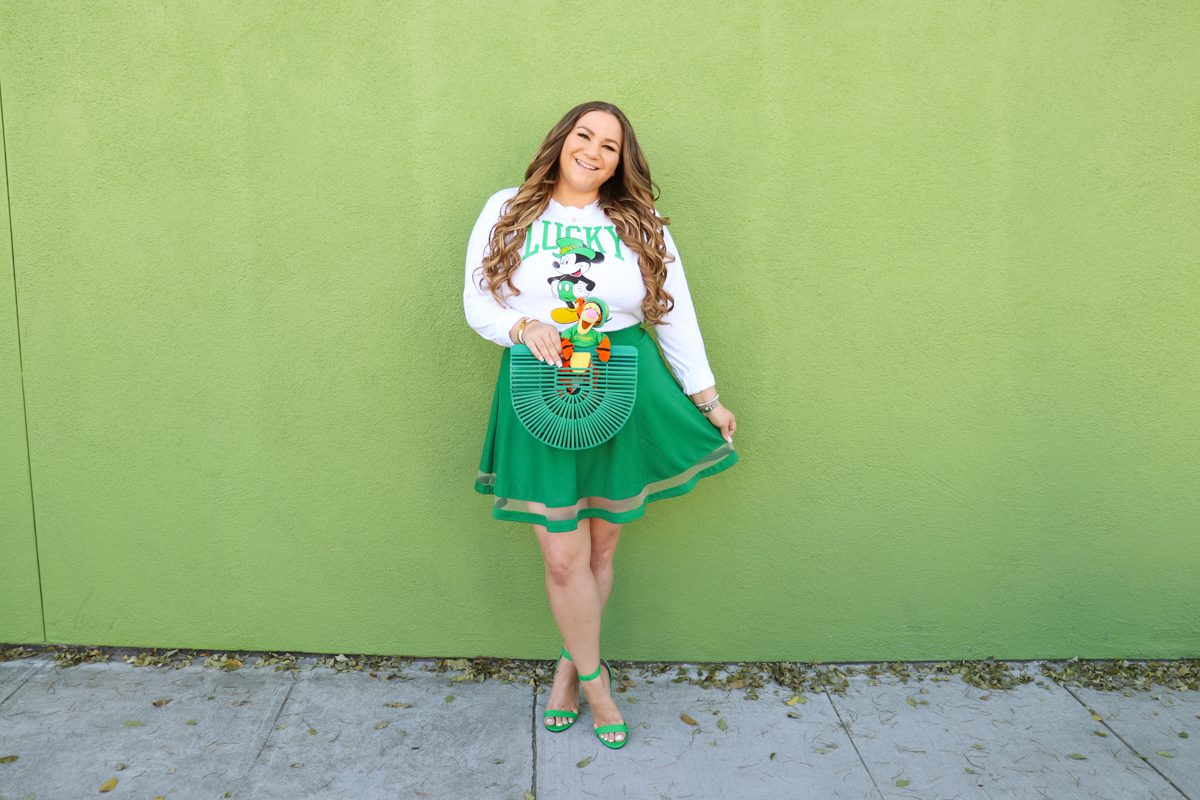 missyonmadison, missyonmadison instagram, disney tee, disney fashion, disney style, outfit inspo, outfit ideas, green skater skirt, green heels, green ark bag, what to wear for st patricks day, disneybound, disney outfit ideas, mickey st patricks day, mickey outfit, 