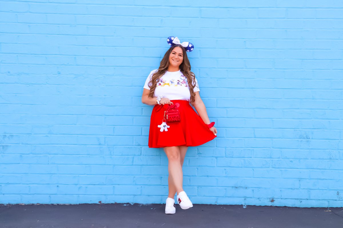 missyonmadison, missyonmadison blog, la blogger, 4th of july outfit, disney style, disney fashion, disney blogger, 4th of july disney, disney 4th of july look, disney 4th of july fashion, stars headband, minnie ears, 4th of july minnie ears, red skater skirt, red loungefly backpack, red loungefly wristlet, primark disney sneakers, primark sneakers, disney usa tee, disney 4th of july tee, 